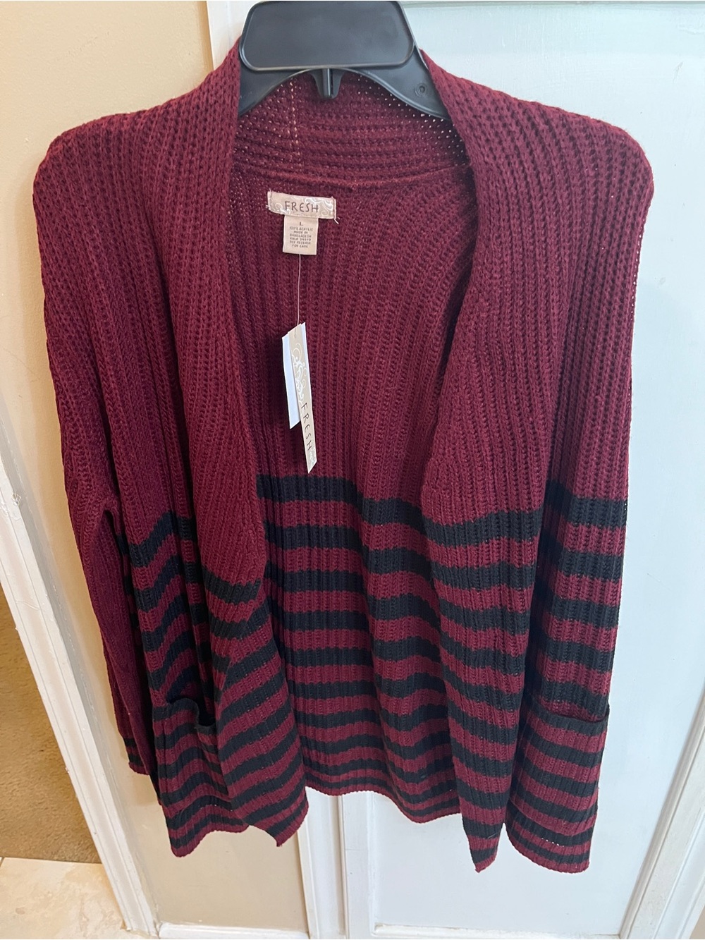 Fresh Soul Burgundy and Black Striped Open-Front Knit Cardigan L